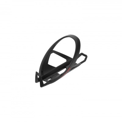 Suporte para garrafa de bicicleta preto com detalhes vermelhos em fundo branco