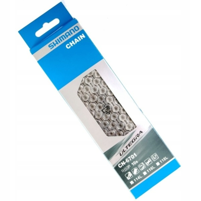 Embalagem azul e branca de corrente de bicicleta Shimano Ultegra CN-6701.