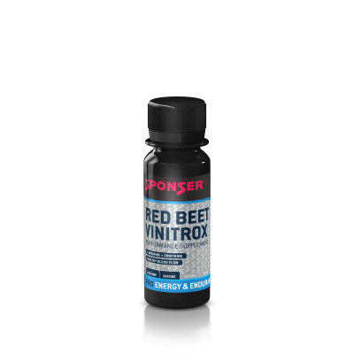 Frasco preto de suplemento SPONSER Red Beet Vinitrox com rótulo azul claro e branco