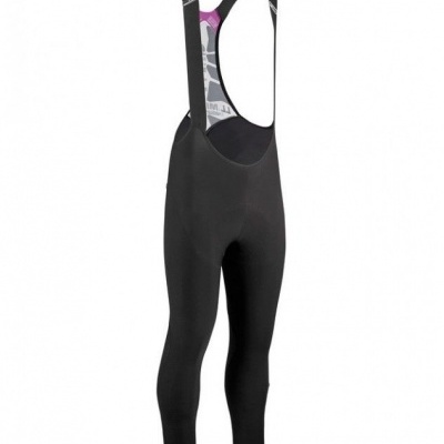 Calças de ciclismo pretas com peitoral e alças pretas com detalhes em cinza e rosa