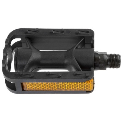 Pedal de bicicleta preto com refletor amarelo e eixo metálico
