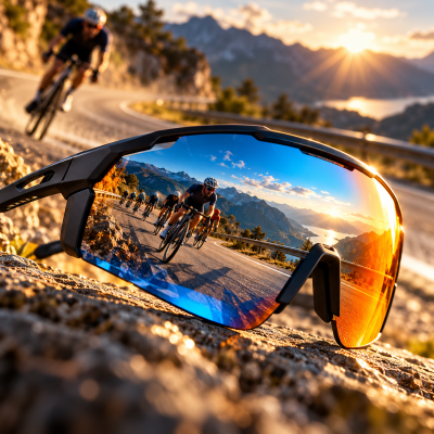 Óculos de desporto com lentes espelhadas refletindo ciclistas numa estrada de montanha