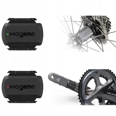 Sensores Magene pretos montados em componentes de bicicleta com LEDs indicador verde e vermelho.