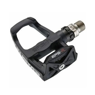 Pedal de bicicleta preto com fixação e inscrições EPS-R e 9/16