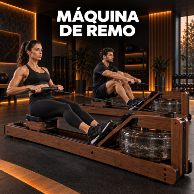 Máquina de remo em madeira com tanque de água e pessoas a exercitar num ginásio moderno