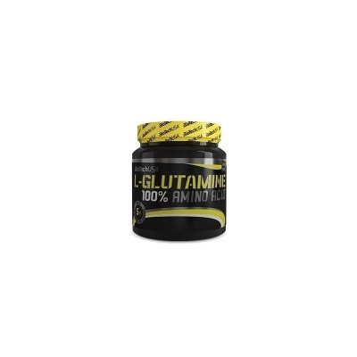 Recipiente preto com tampa amarela de suplemento L-GLUTAMINE 100% AMINO ACID