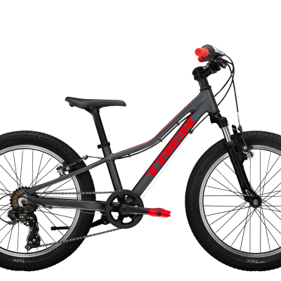 Bicicleta infantil preta com detalhes vermelhos e logotipo TREK