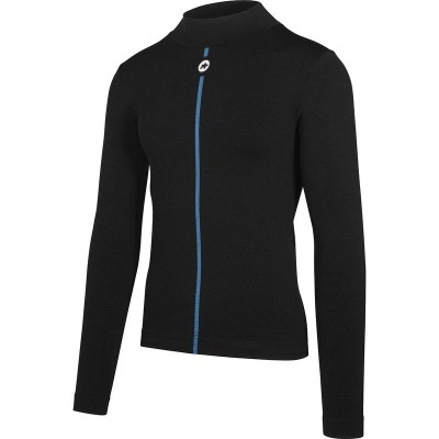 Camisola preta de manga comprida com fecho azul no centro e símbolo branco perto da gola