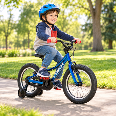 Criança num capacete azul a andar de bicicleta azul com rodinhas de apoio num parque verde