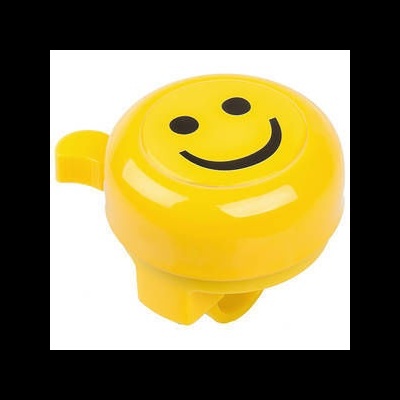 Campainha de bicicleta amarela com carinha sorridente preta