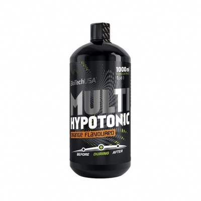 Garrafa preta de suplemento desportivo com rótulo MULTI HYPOTONIC sabor laranja