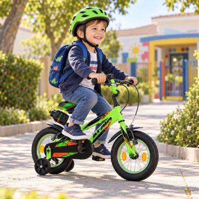 Menino numa bicicleta infantil verde com capacete e mochila com padrão de dinossauros em ambiente exterior