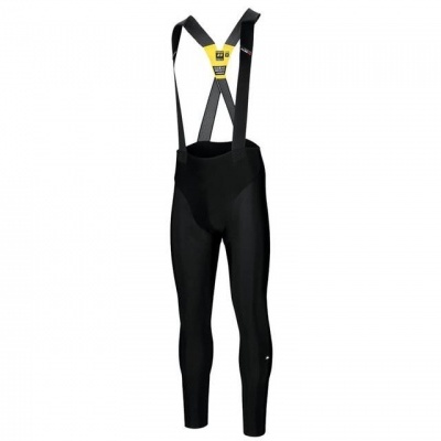 Calças justas pretas para ciclismo com alças e detalhes amarelos