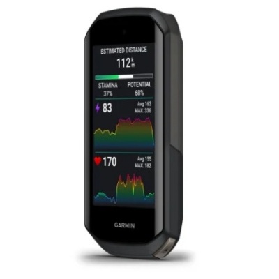 Computador de bicicleta Garmin com ecrã digital mostrando dados de resistência, potencial, energia e frequência cardíaca.
