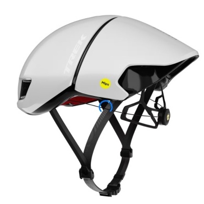 capacete de ciclismo branco com tiras pretas e etiqueta amarela Mips