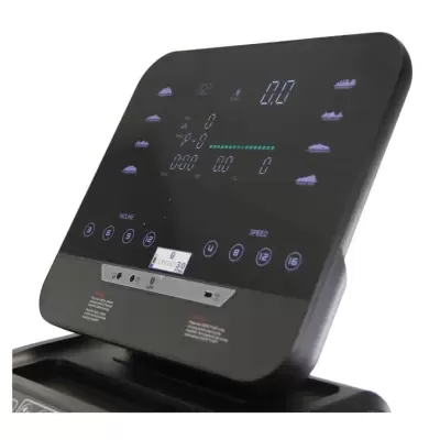 Painel de controlo digital de equipamento de fitness com visor preto e luzes azuis