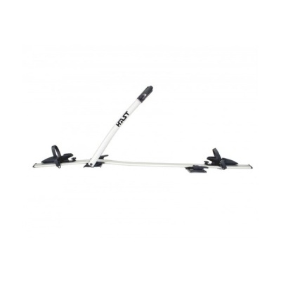 Suporte de bicicleta de tejadilho metálico prateado com detalhes pretos e fechos