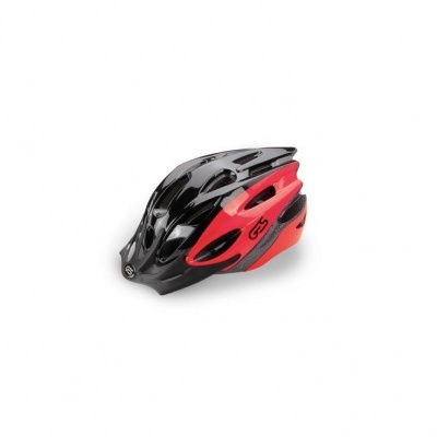 Capacete de ciclismo preto e vermelho com furações e texto G3.