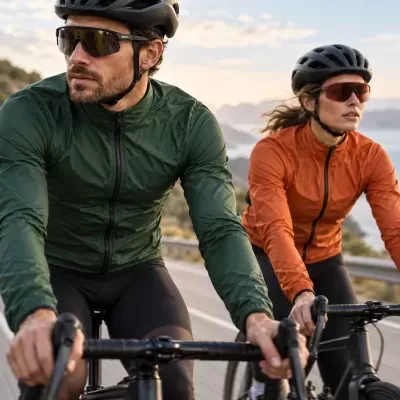 Duas pessoas em bicicleta de capacete e casacos impermeáveis verde e laranja numa estrada montanhosa
