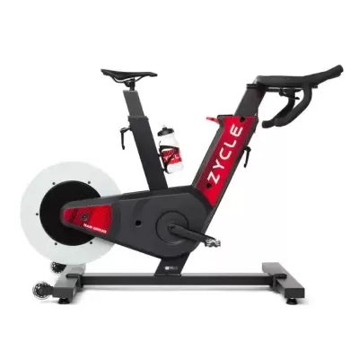 Bicicleta de exercício estática preta e vermelha com garrafa e guiador ergonómico