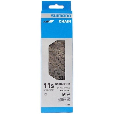 Embalagem azul e branca de corrente para bicicleta Shimano CN-HG601-11 com corrente metálica visível