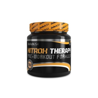 frasco preto de suplemento Nitrox Therapy Pre-Workout da BioTechUSA com tampa laranja