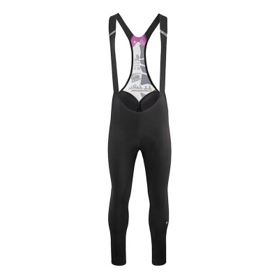 Calças térmicas pretas para ciclismo com suspensórios em fundo branco