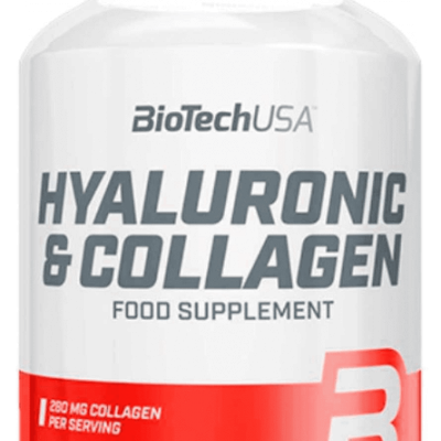 Frasco preto de suplemento alimentar Hyaluronic & Collagen da BioTechUSA com rótulo vermelho e preto