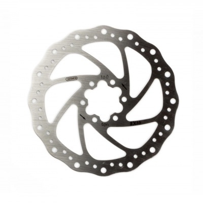 Disco de travão para bicicleta metálico prateado com furos e texto impresso