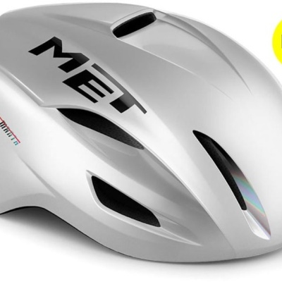 Capacete de ciclismo branco e preto com etiqueta amarela Mips