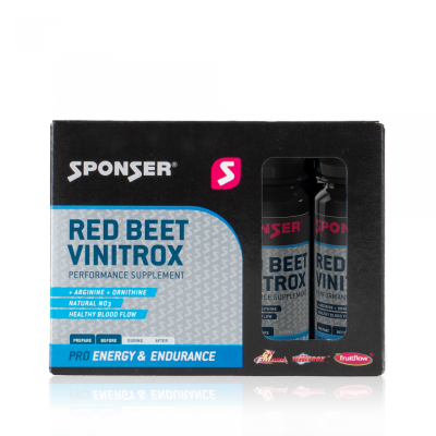 Caixa de suplemento Red Beet Vinitrox Sponser preta e cinzenta com texto azul e branco