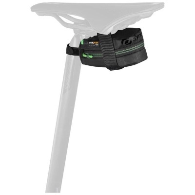 Bolsa preta para selim de bicicleta com fecho verde e etiqueta Cordura