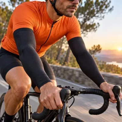 Ciclista com camisa laranja e mangas pretas a andar de bicicleta de estrada preta ao pôr do sol