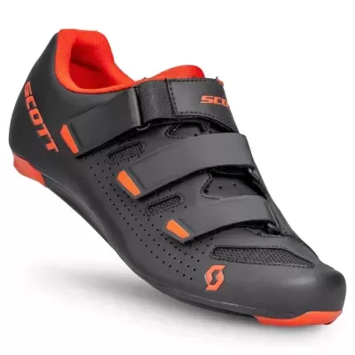 Sapato de ciclismo preto e laranja com tiras velcro e logotipo SCOTT