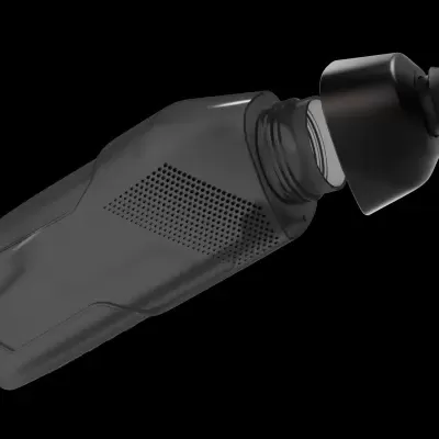 Frasco preto de plástico com tampa aberta e textura de pontos