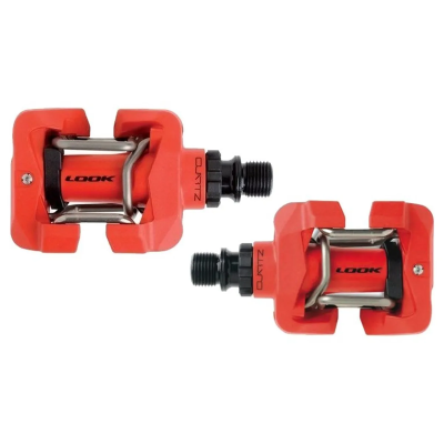 Par de pedais para bicicleta vermelhos com componentes metálicos e pretos da marca LOOK, modelo QUARTZ