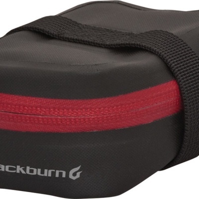 Bolsa para bicicleta preta com zíper vermelho e alça preta, logótipo Blackburn