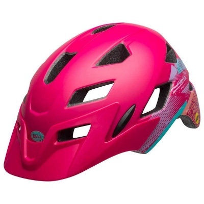 Capacete de bicicleta cor de rosa com padrões geométricos em azul e branco