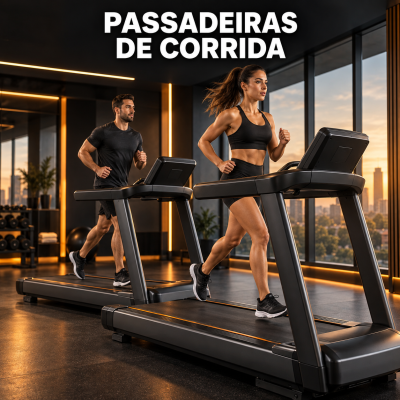 Duas pessoas a correr em passadeiras pretas de ginásio moderno com texto PASSADEIRAS DE CORRIDA