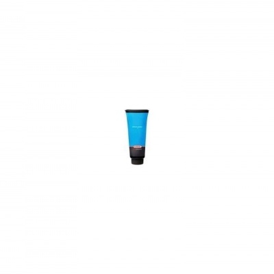 Tubo azul com tampa preta sobre fundo branco.