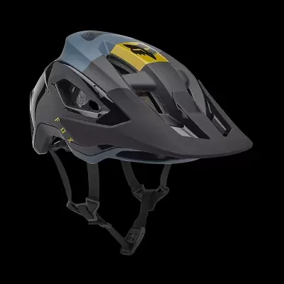 Capacete de bicicleta Fox preto e cinza com logotipo amarelo