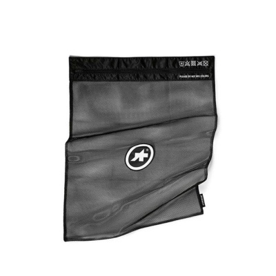 Bolsa ou saco de malha preta com logótipo circular branco no centro