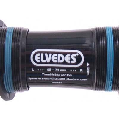 Peça suporte central bicicleta ELVEDES preta com anéis azuis e texto branco