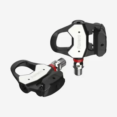 Par de pedais bicicleta Favero preto e prata com detalhes vermelhos