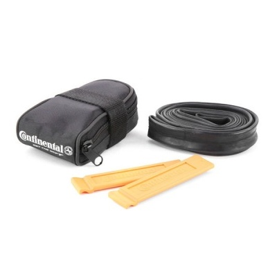 Bolsa preta Continental com fecho, pneu dobrado e duas palhetas amarelas