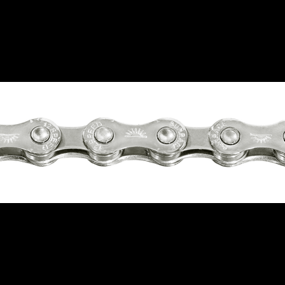 Pequena secção de corrente de bicicleta metálica prateada