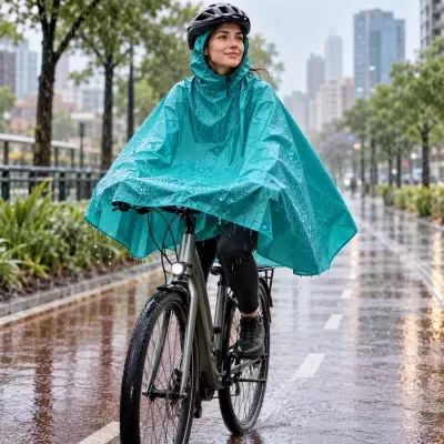 Mulher de bicicleta com capa impermeável azul na chuva, capacete preto e rua urbana molhada