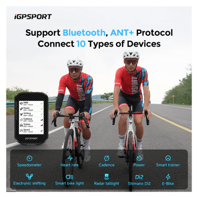 Duas pessoas de bicicleta numa estrada, com um ciclocomputador iGPSPORT ao lado e texto promocional de funcionalidades