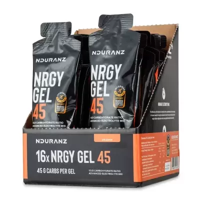 Caixa com 16 sachês de gel energético preto e laranja NDURANZ NRGY GEL 45