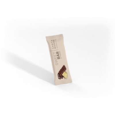 Barra doce embalada bege claro com texto SWEET BAR SANTA MADRE e imagem de três pedaços de chocolate